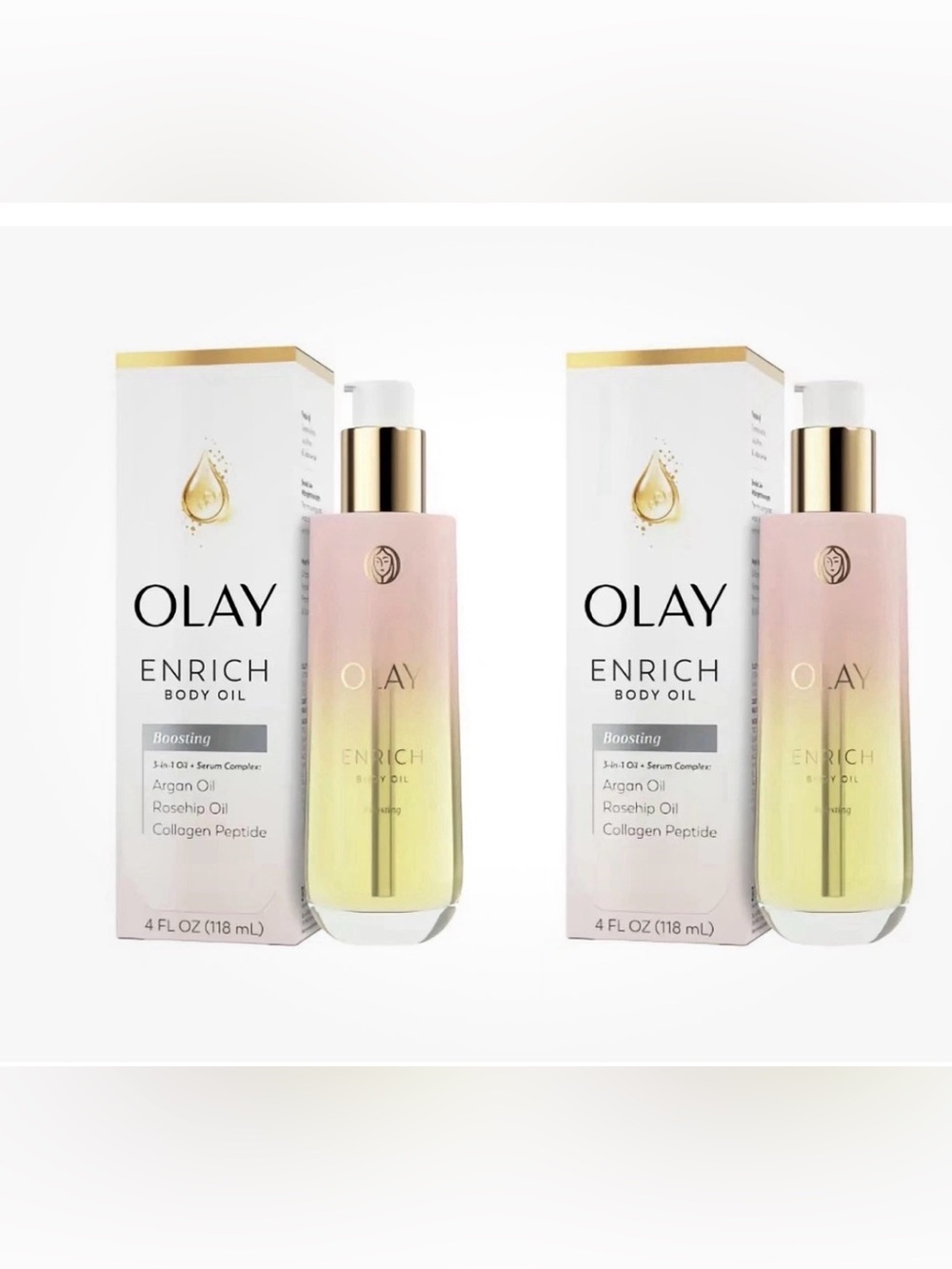 OLAY Enrich Body Oil Bottle in Pink and Yellow Gradient